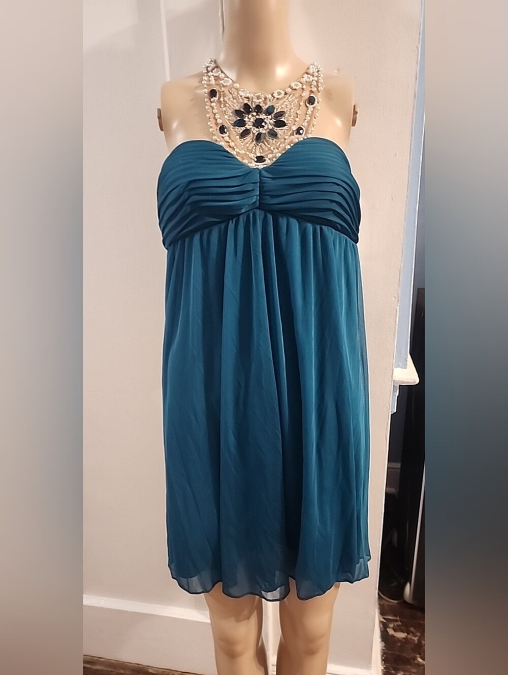 ADRIANNA PAPELL TEAL HALTER COCKTAIL DRESS Jeweled Neckline Size 10P NWT